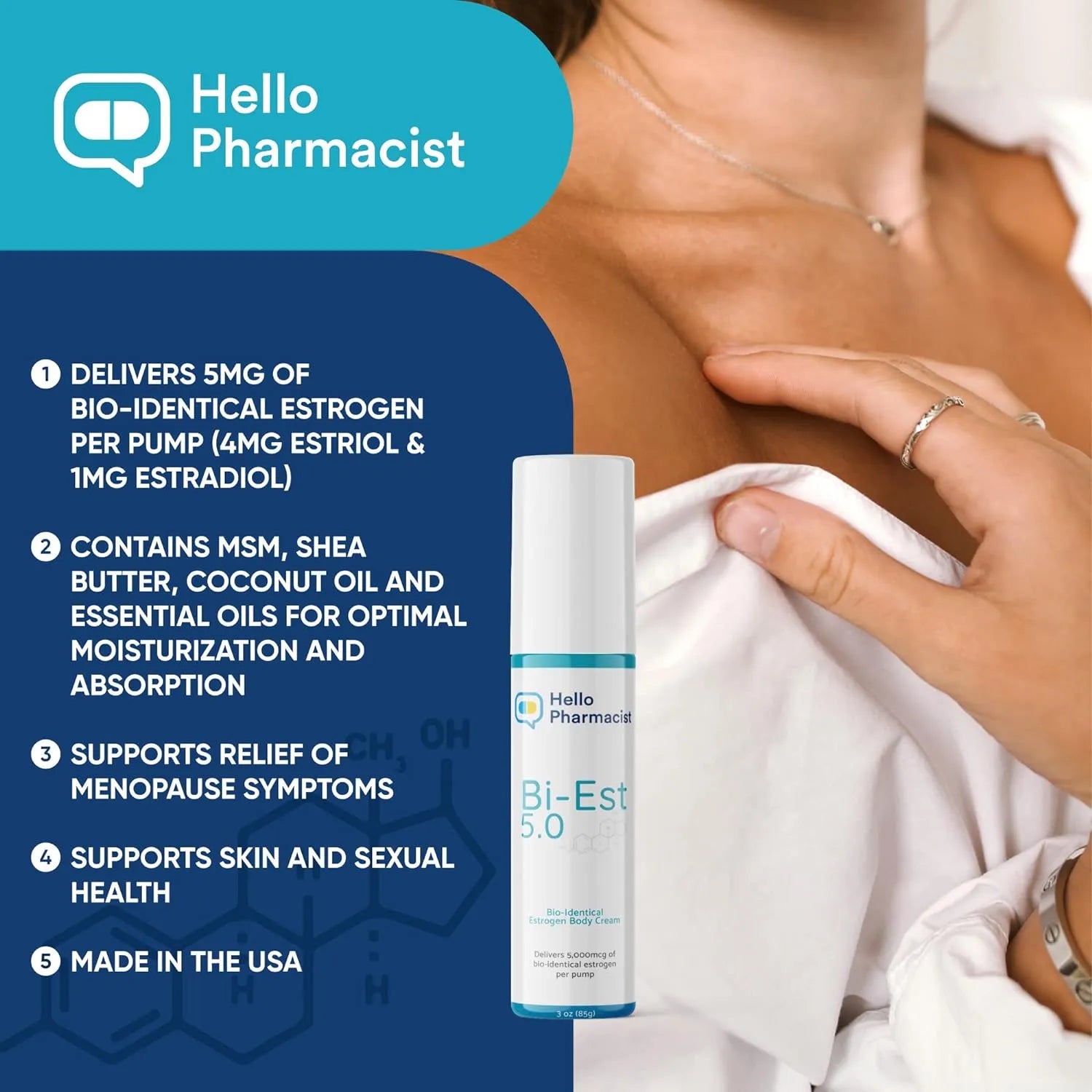 HelloPharmacist Bi-EST 5.0 Estrogen Menopause Relief Cream for Women - 5 mg Per Pump - Back View