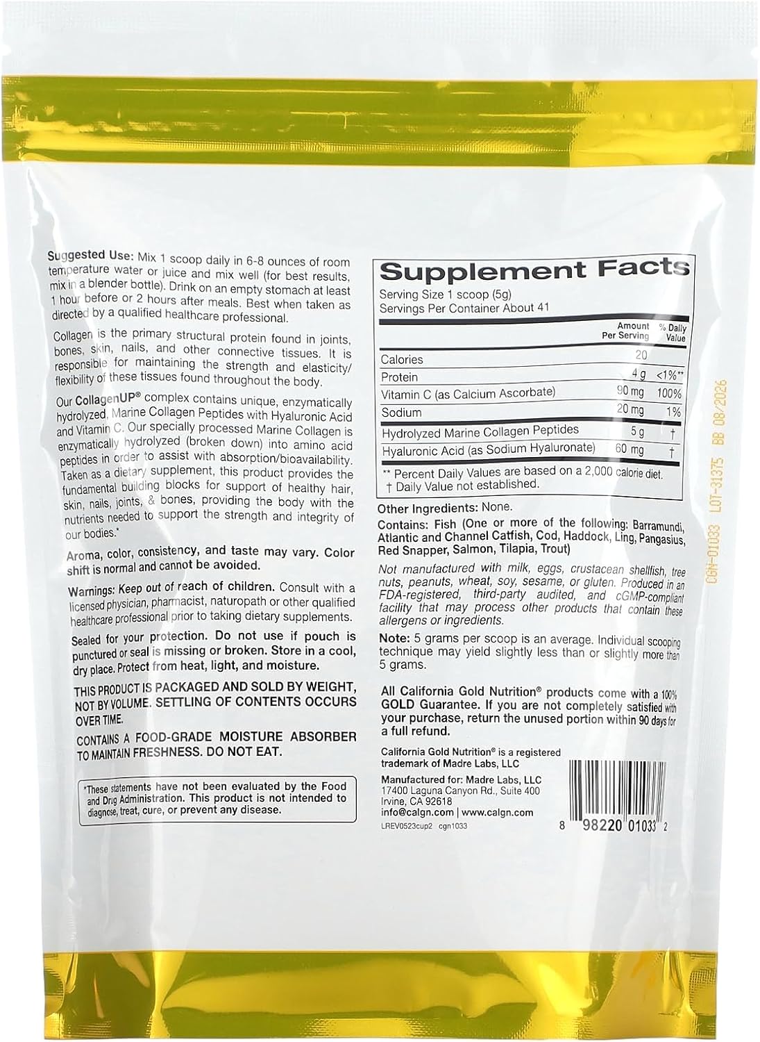California Gold Nutrition California Gold Nutrition CollagenUP®, Hydrolyzed Marine Collagen - Back View