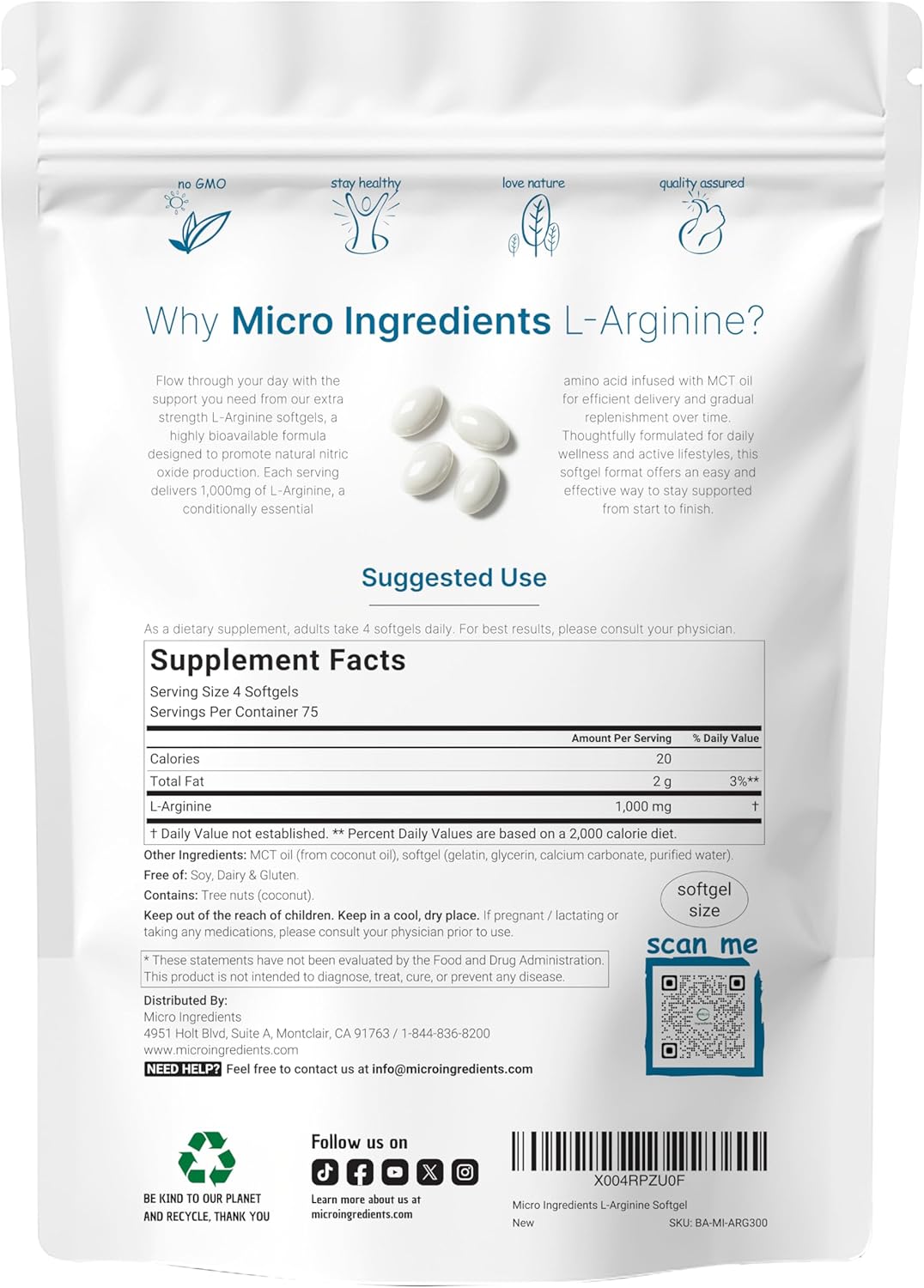 Micro Ingredients Micro Ingredients L-Arginine 1000mg with MCT Oil, - Angle View