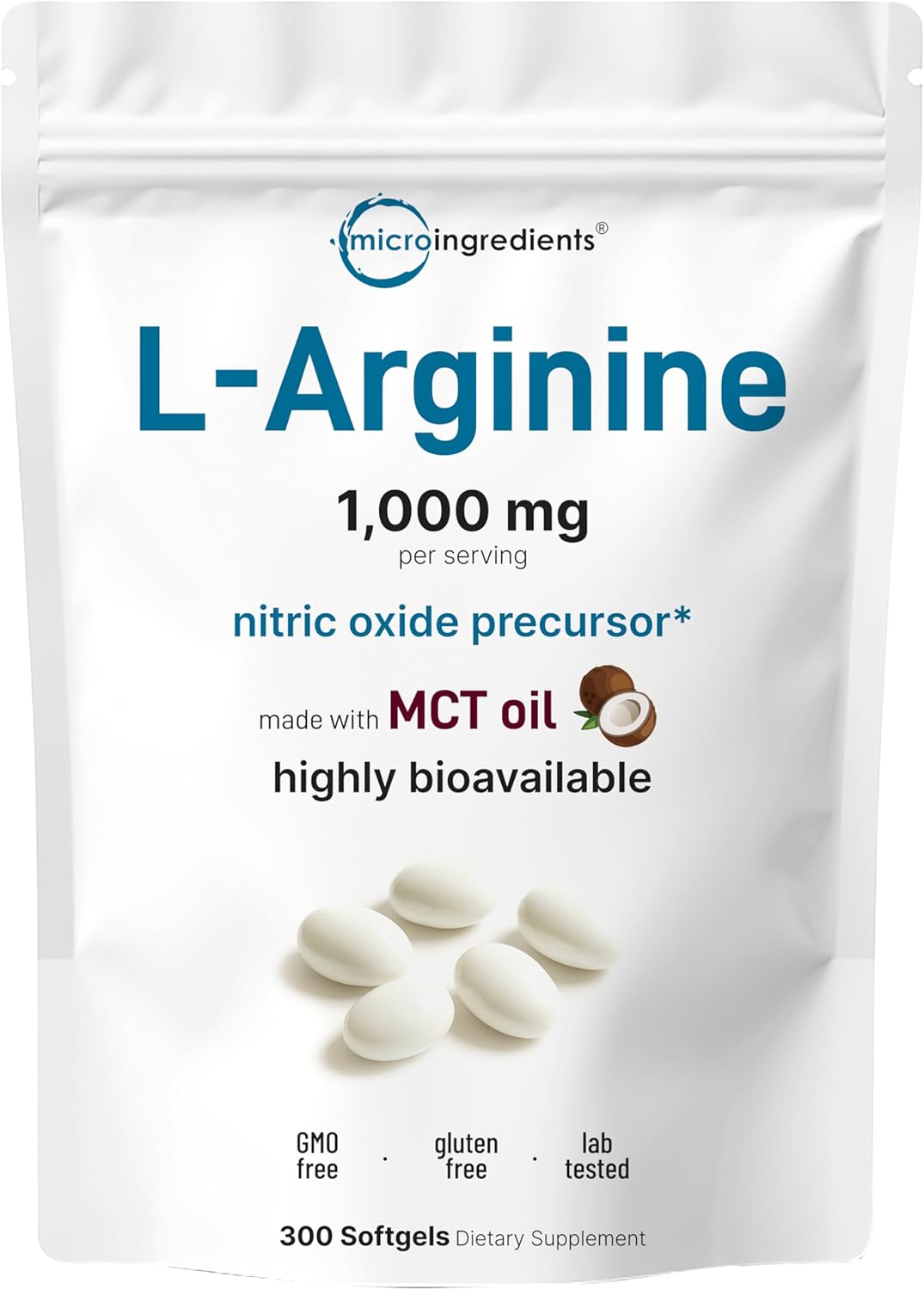 Micro Ingredients Micro Ingredients L-Arginine 1000mg with MCT Oil, - Front View