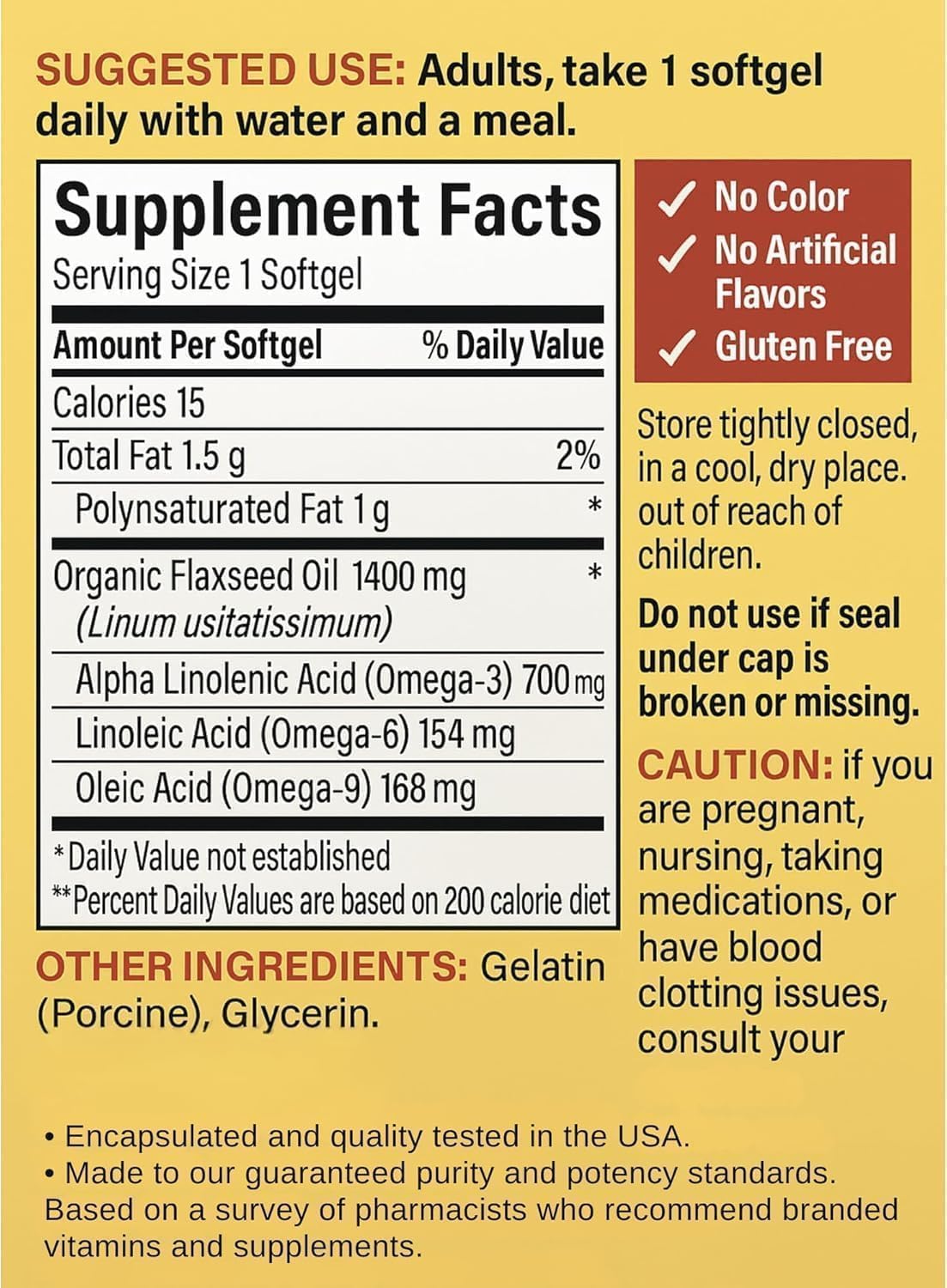 Nature Made Nature Made Flaxseed Oil 1400 mg Softgels, 300 ct. - Ingredients View