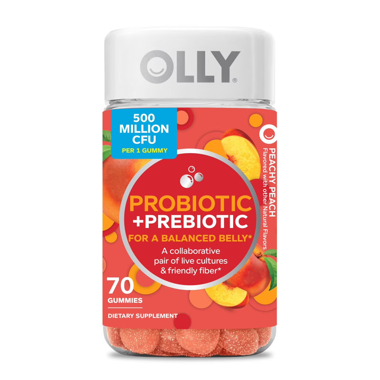 OLLY OLLY Adult Probiotic + Prebiotic Digestive Support Gummy, Peach, 70 ct - Front View